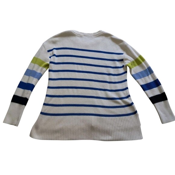 T By Talbots Sweater Women's XL Ivory Multi Stripe Crewneck High Low Thumb Holes - Picture 3 of 12
